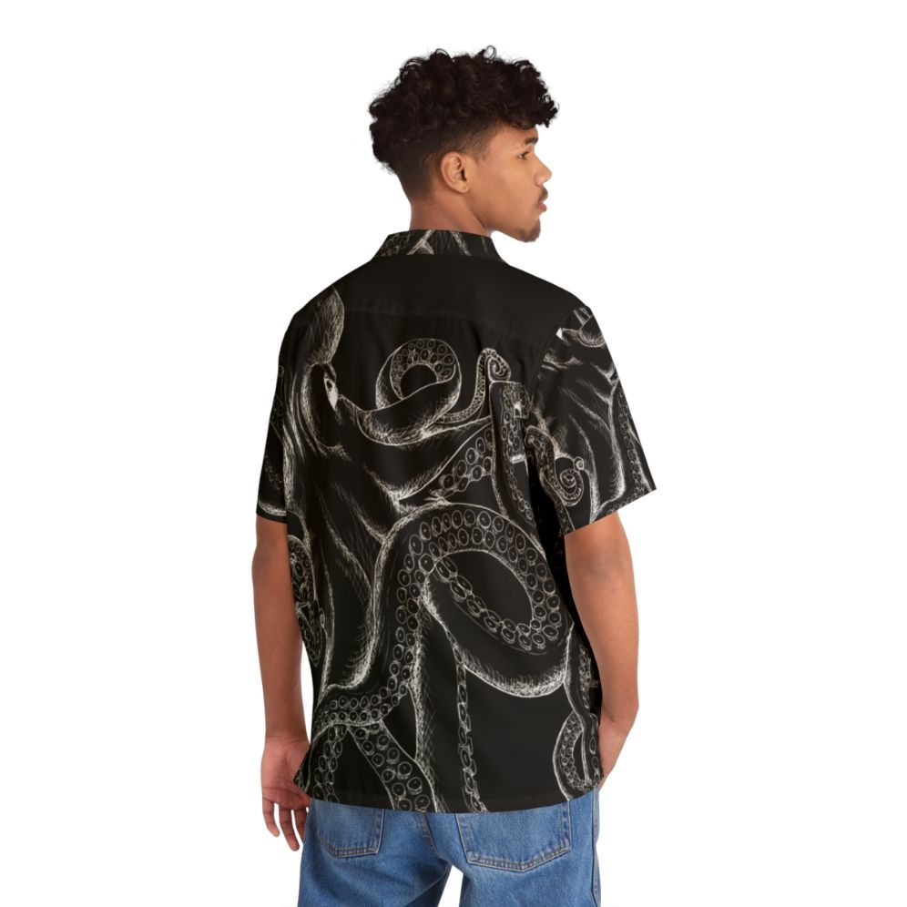 White octopus line art design on black Hawaiian shirt - People Back