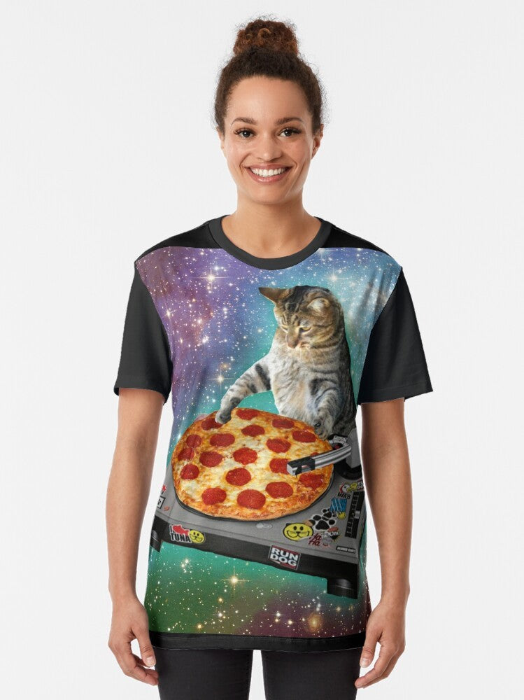 DJ Cat Pizza Graphic T-Shirt with a cool, funny, and meme-worthy design - Women