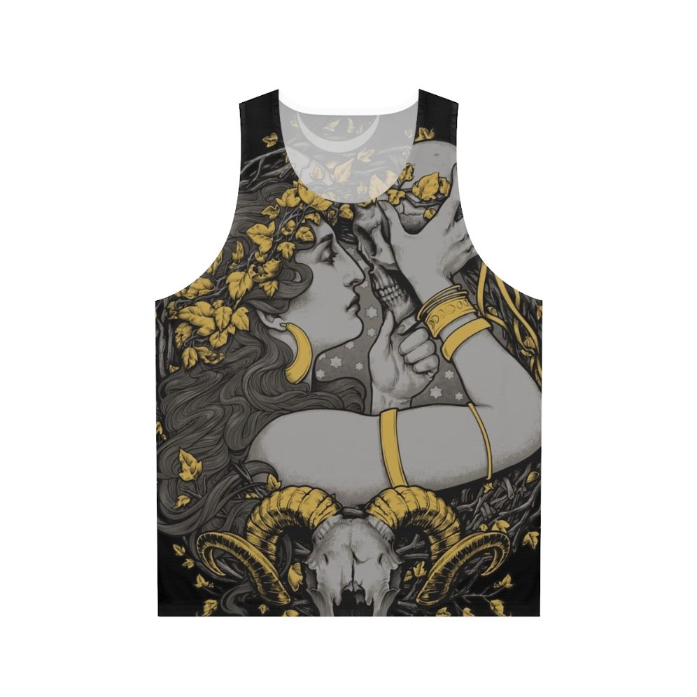 Unisex witch tank top with gothic botanical skull design