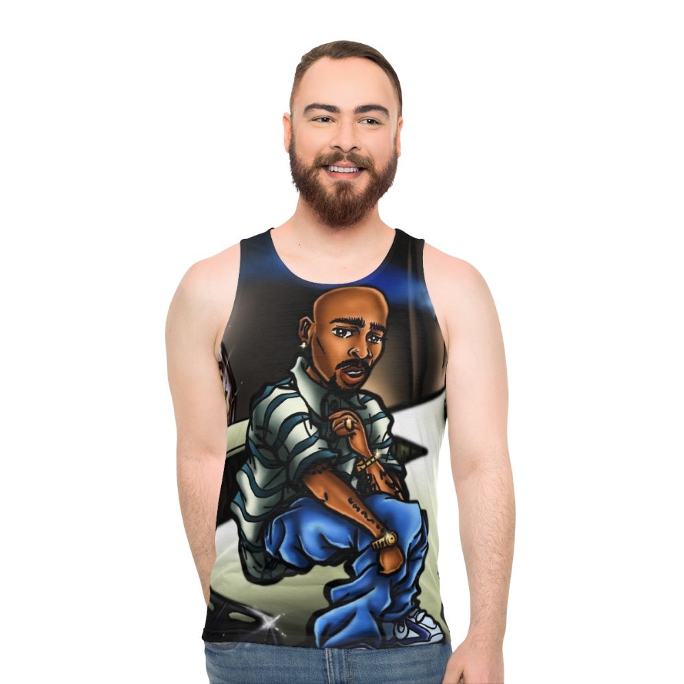 Unisex graphic tank top with airbrush anime-inspired caricatures - men