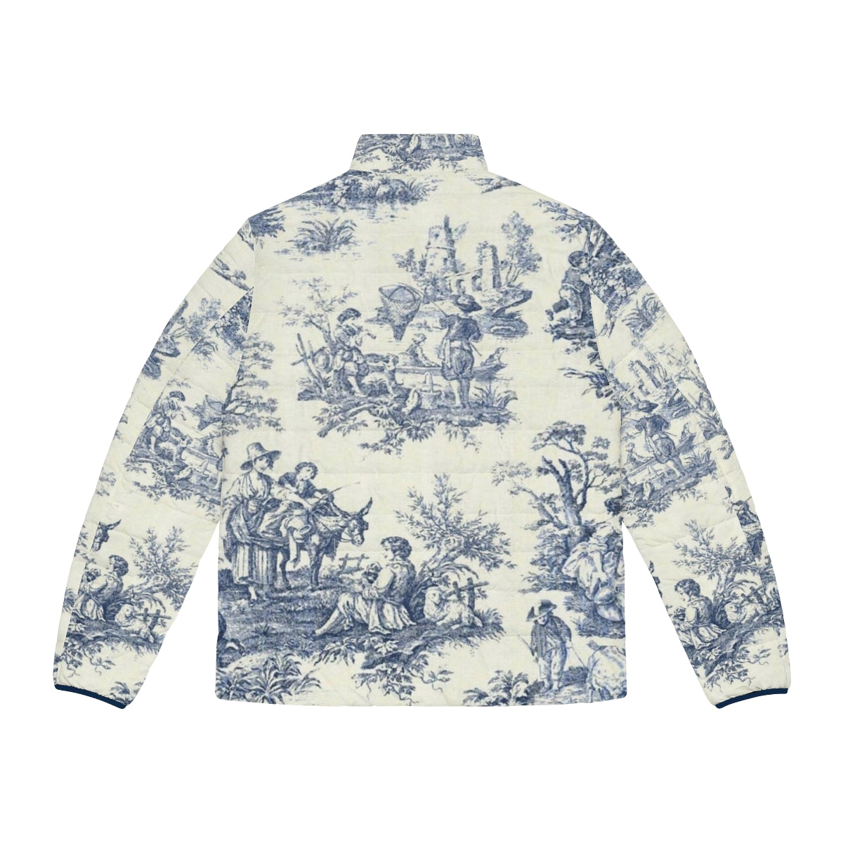 Powder blue puffer jacket with vintage French toile and floral designs - Back