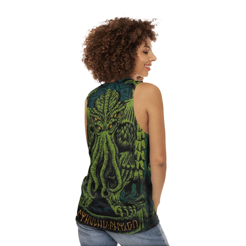 Unisex Tank Top with Cthulhu and Lovecraft Inspired Design - women back