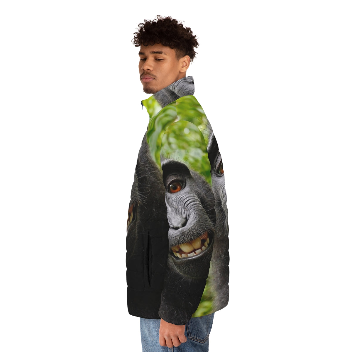 A cozy puffer jacket with a playful monkey design, perfect for outdoor adventures. - men side left