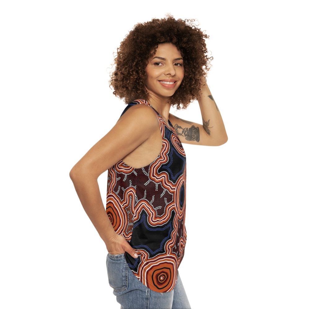 Authentic Aboriginal Art Unisex Tank Top with Pathway to Water Design - women side