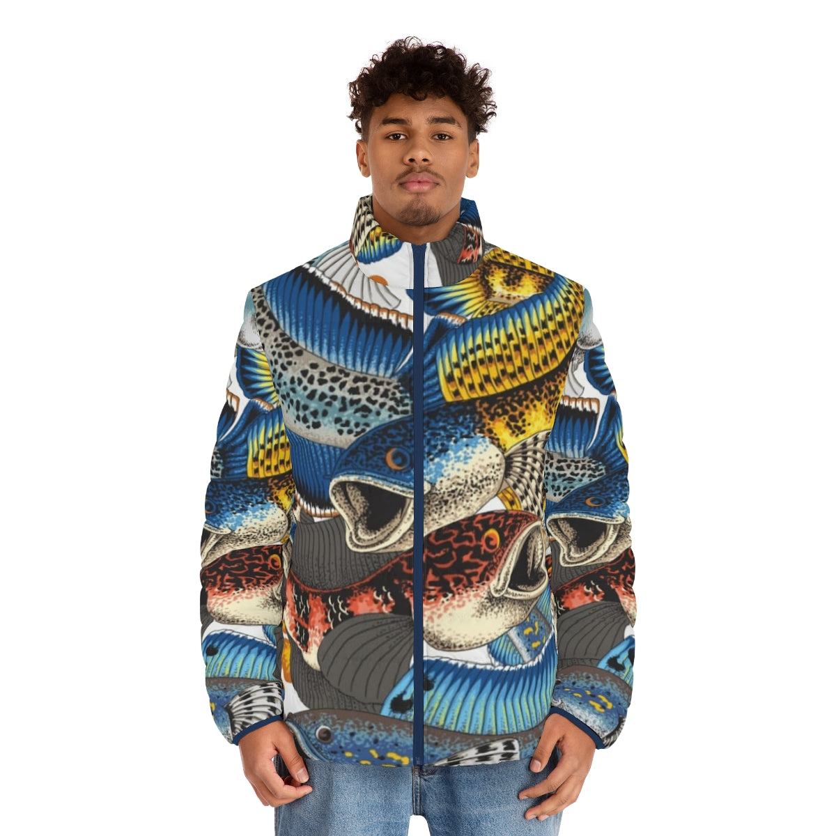 Channa Koi Puffer Jacket featuring a vibrant Japanese-inspired koi fish design - men front