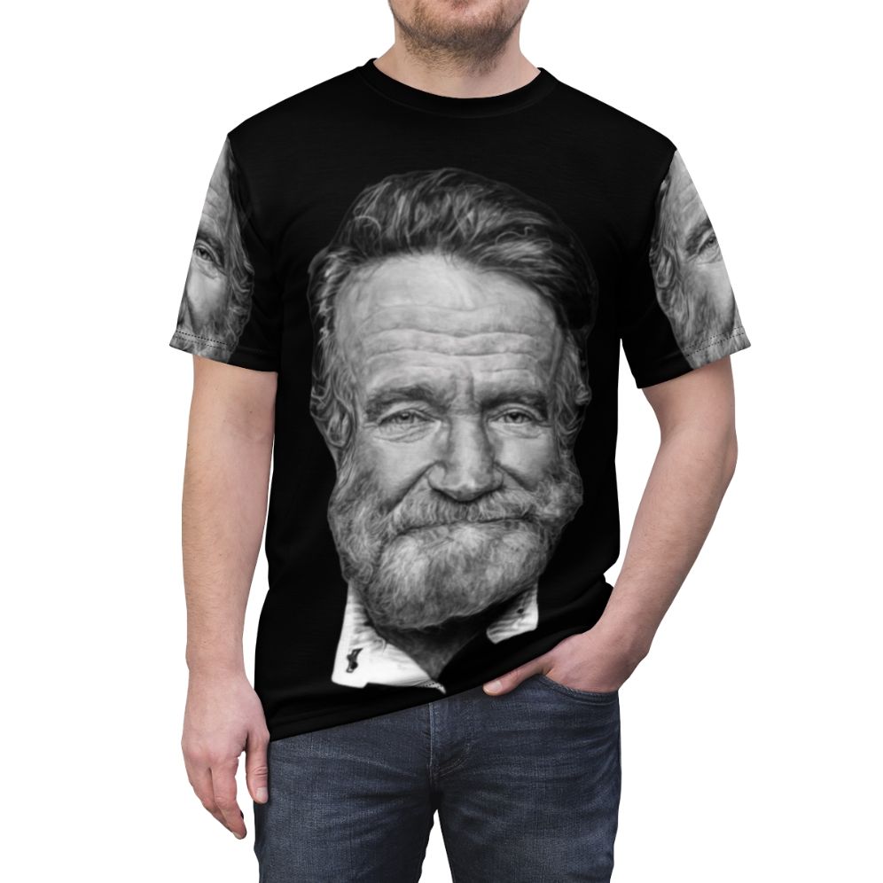 Artistic rendition of Robin Williams in a portrait design on a t-shirt - men front