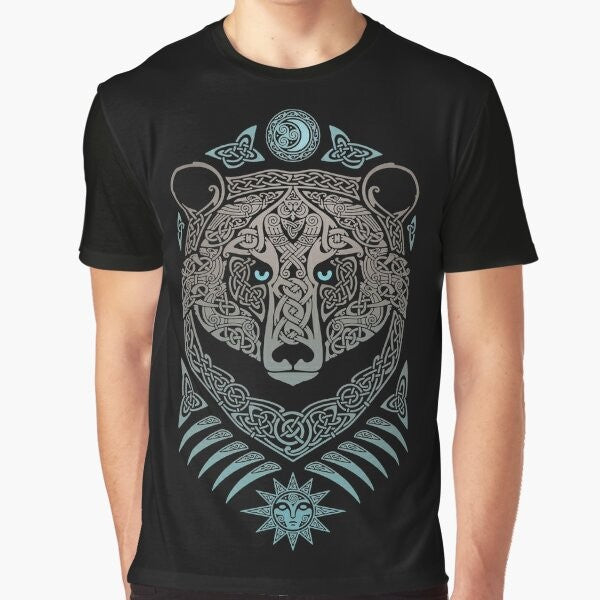 Tribal and mystical forest lord t-shirt design featuring a bear, owls, ravens, and Celtic knotwork.