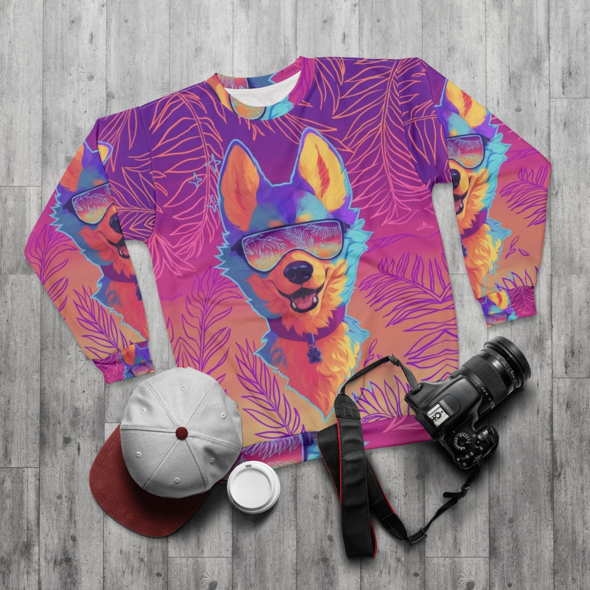 Sparkle Dog Furry Sweatshirt with Vaporwave Aesthetic Design - flat lay