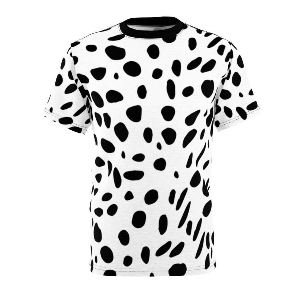 Stylish Dalmatian Print T-Shirt featuring a modern, abstract animal print pattern in black and white.