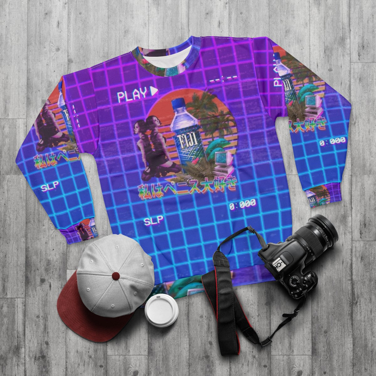 Vaporwave Fiji Bottle Sweatshirt featuring a 90s inspired, 3D cyberpunk aesthetic - flat lay