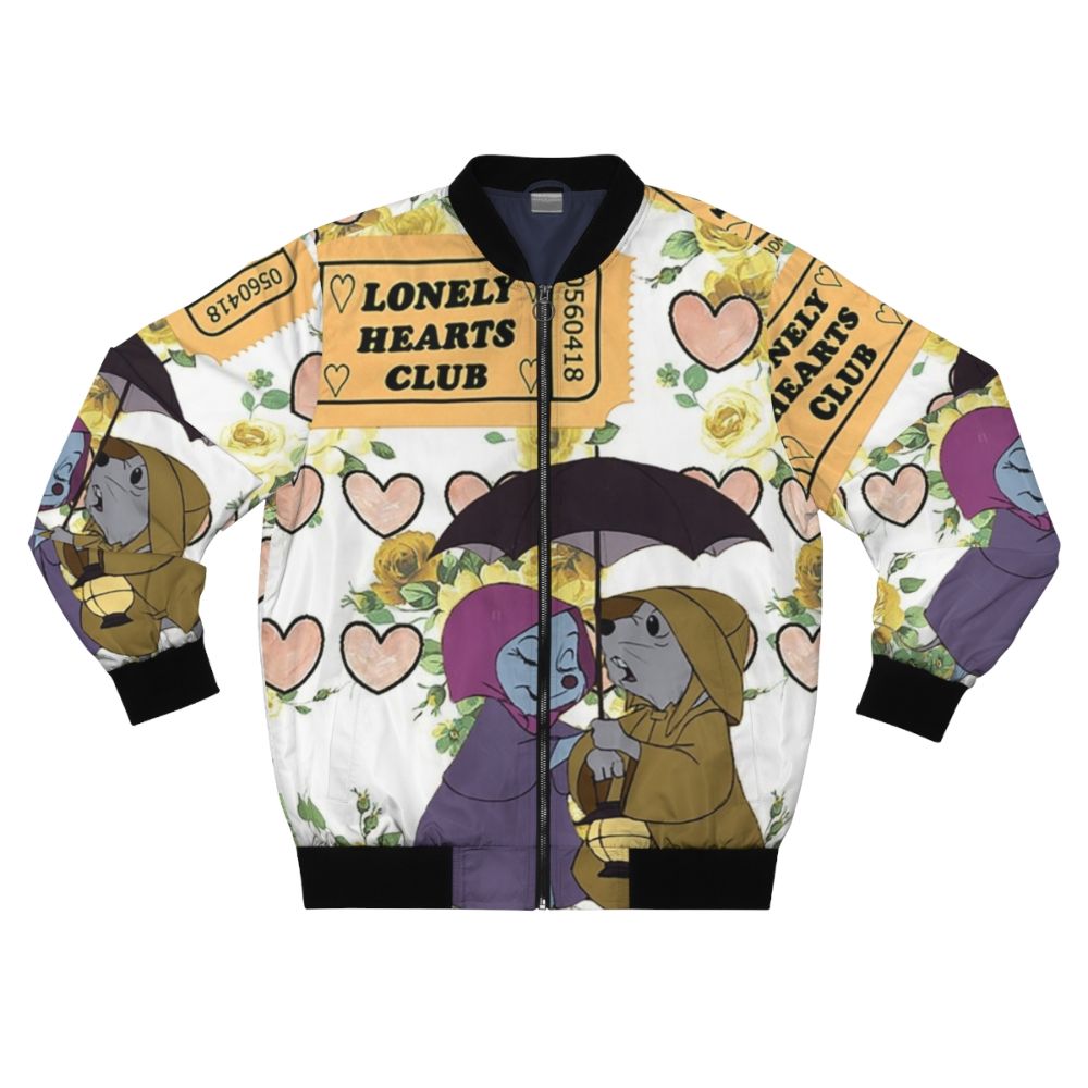 Vintage-style bomber jacket inspired by the classic Disney animated film "The Rescuers", featuring the main characters Miss Bianca, Bernard, and mice.