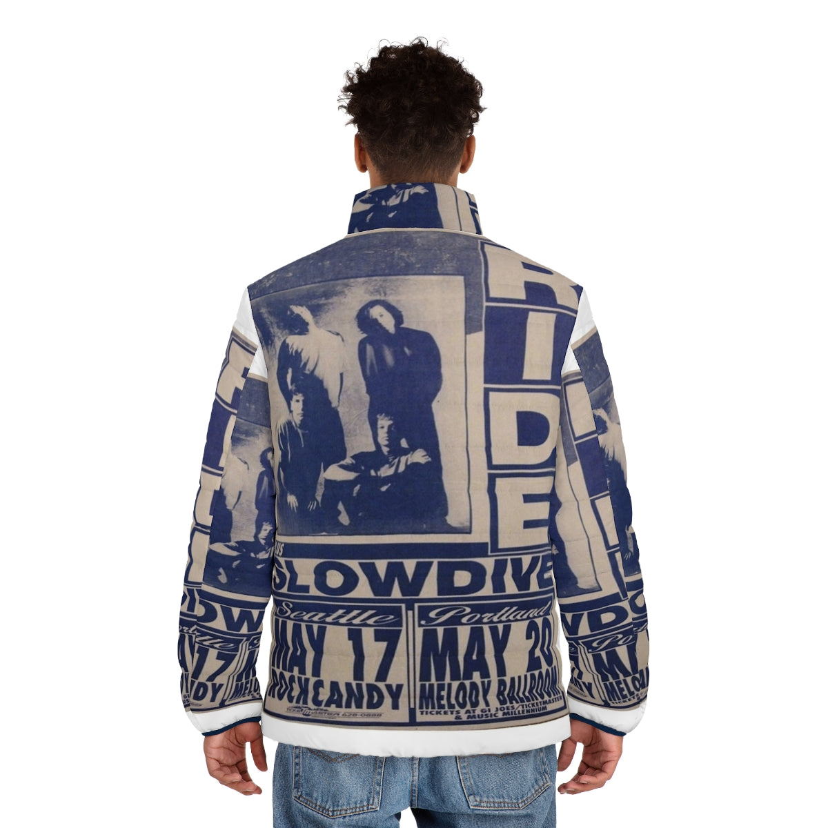 Shoegaze puffer jacket featuring Ride and Slowdive tour poster artwork - men back