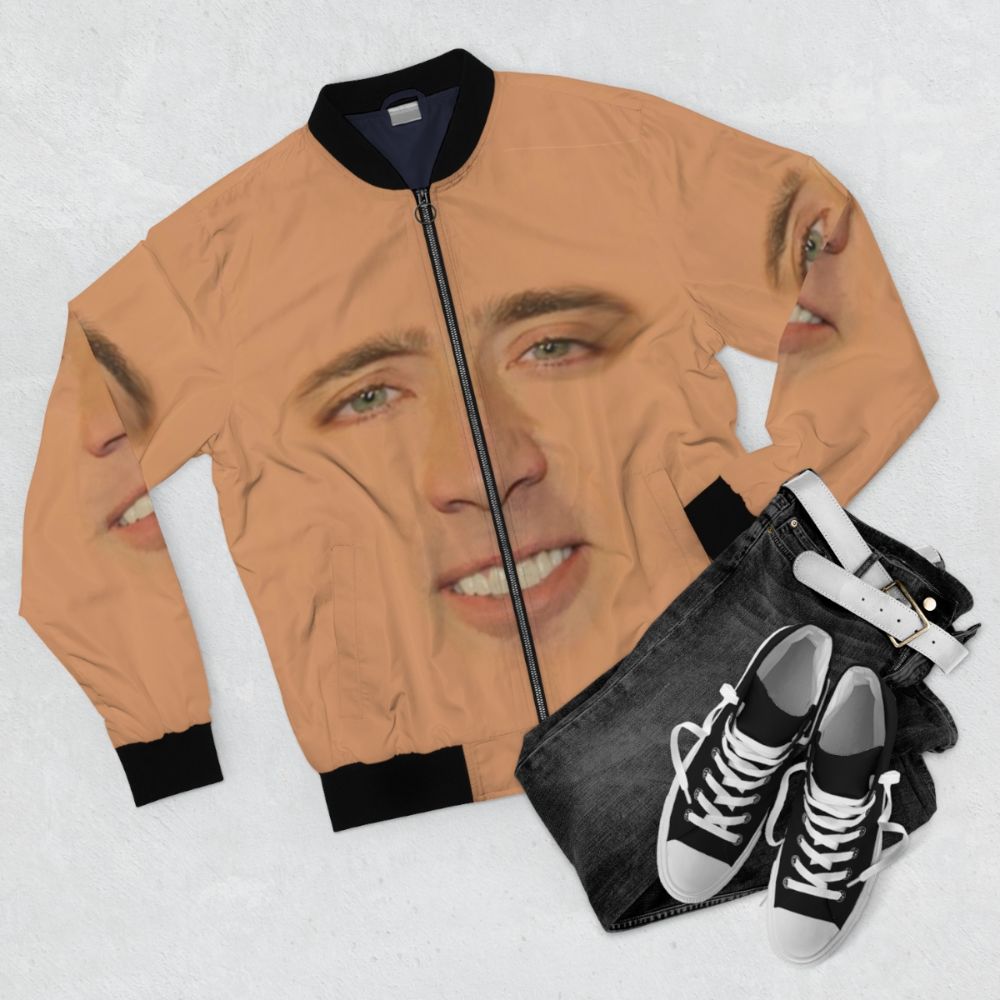 Nicolas Cage Face Off Funny Bomber Jacket - Flat lay