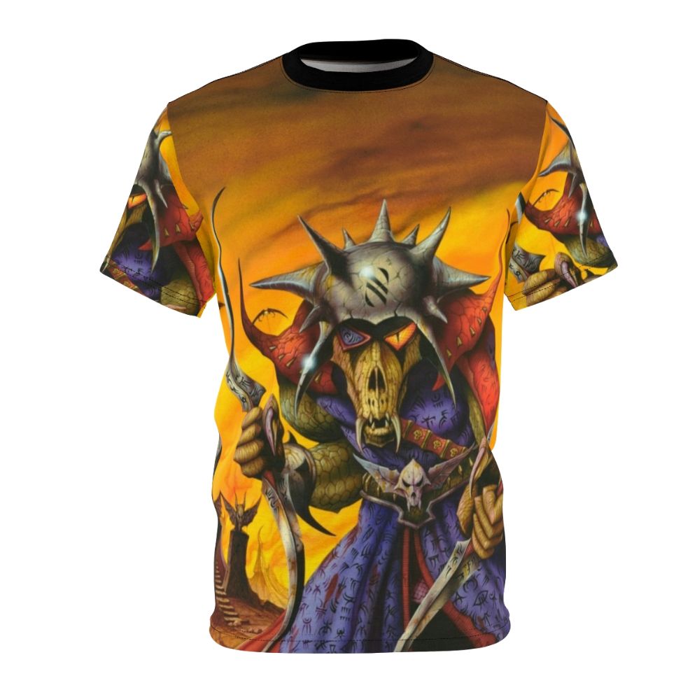 Fiery fantasy art inspired heavy metal t-shirt with skulls, snakes, bats, and villainous imagery