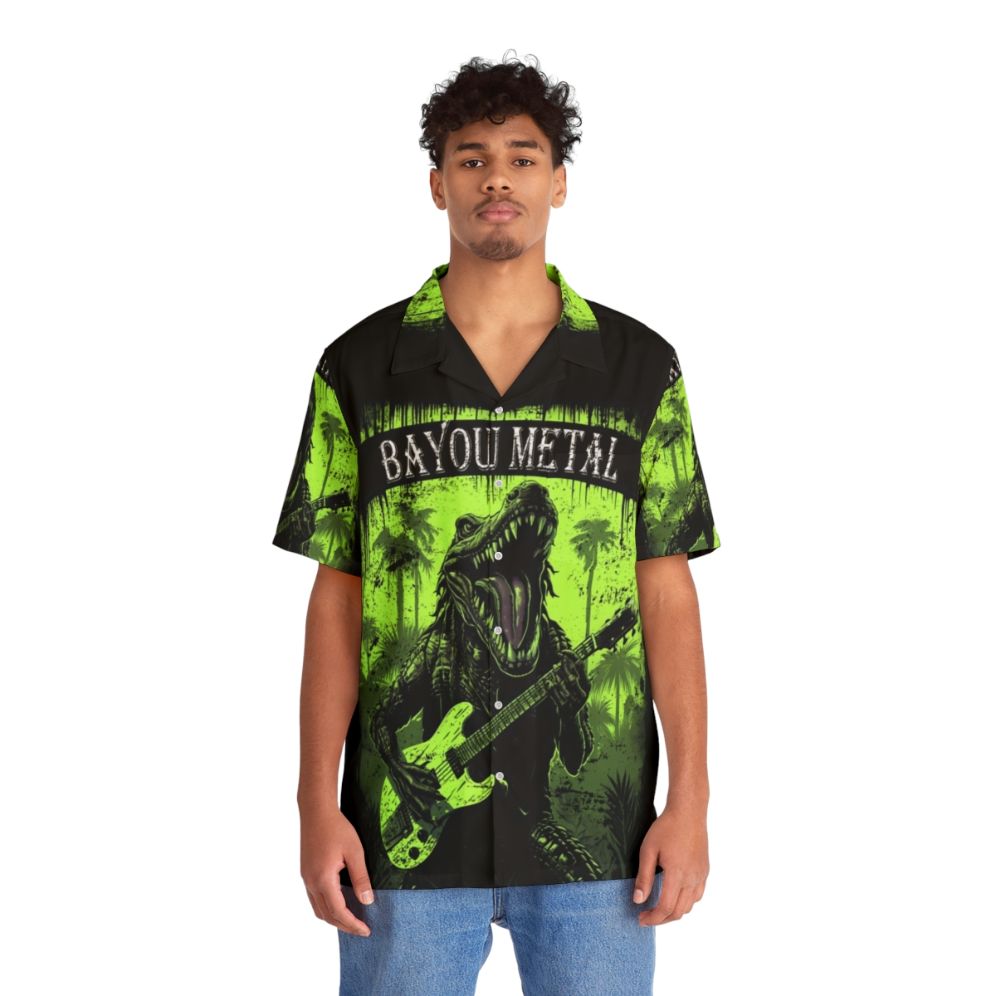 Bayou Metal Alligator Hawaiian Shirt with alligator print and metal design - People Front