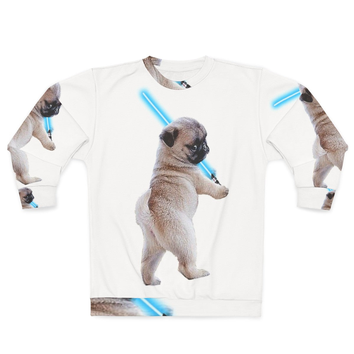 Pug wearing a sweatshirt with a lightsaber graphic