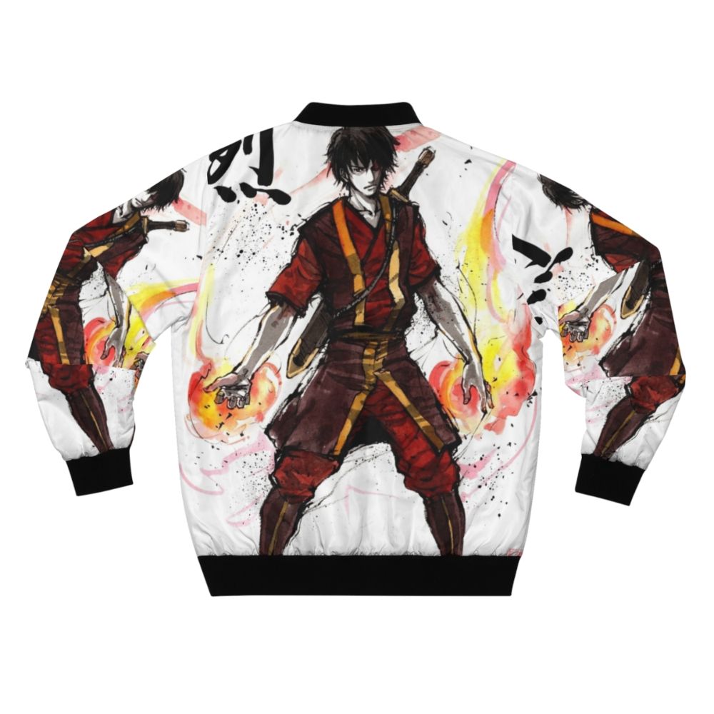 Bomber jacket featuring an illustration of Zuko from the Avatar series, created with sumi ink and watercolor. - Back