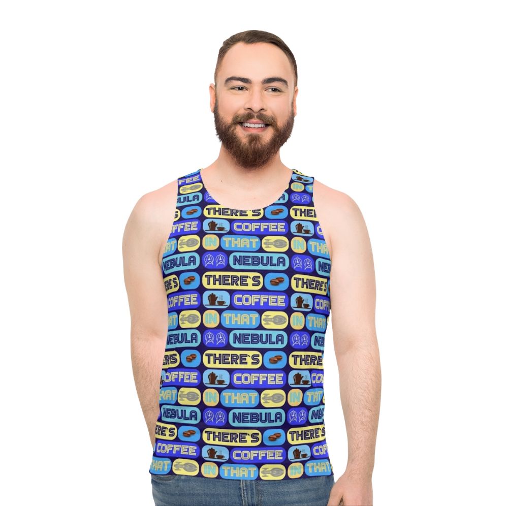 Star Trek unisex tank top featuring the quote "There's Coffee in That Nebula" - men