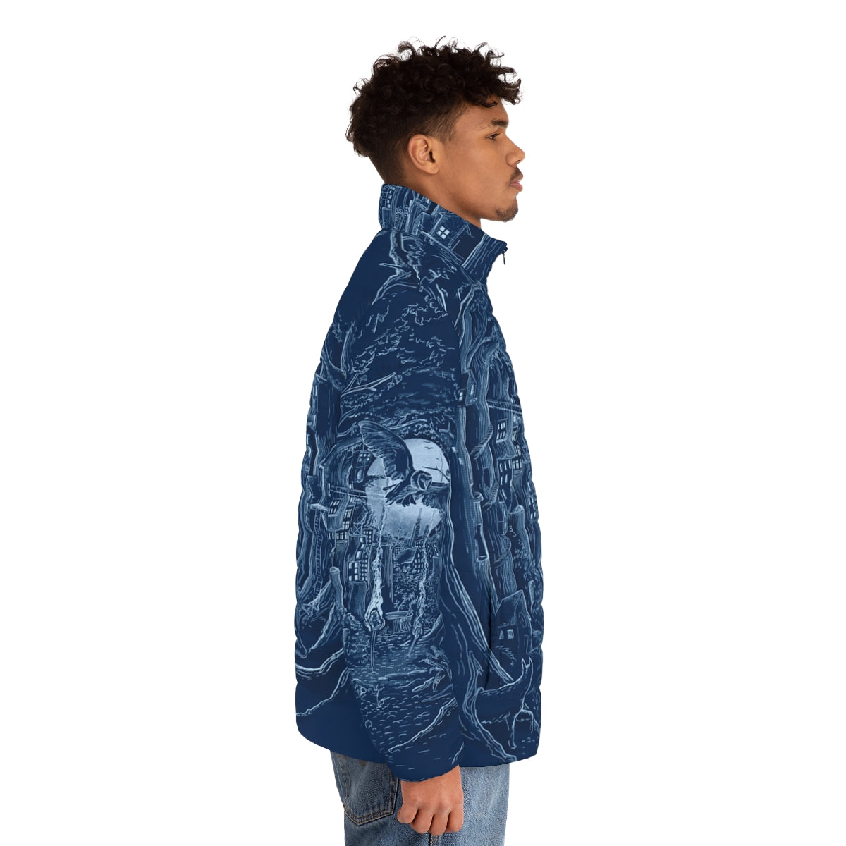 Puffer jacket with forest, moon, and animal elements - men side right