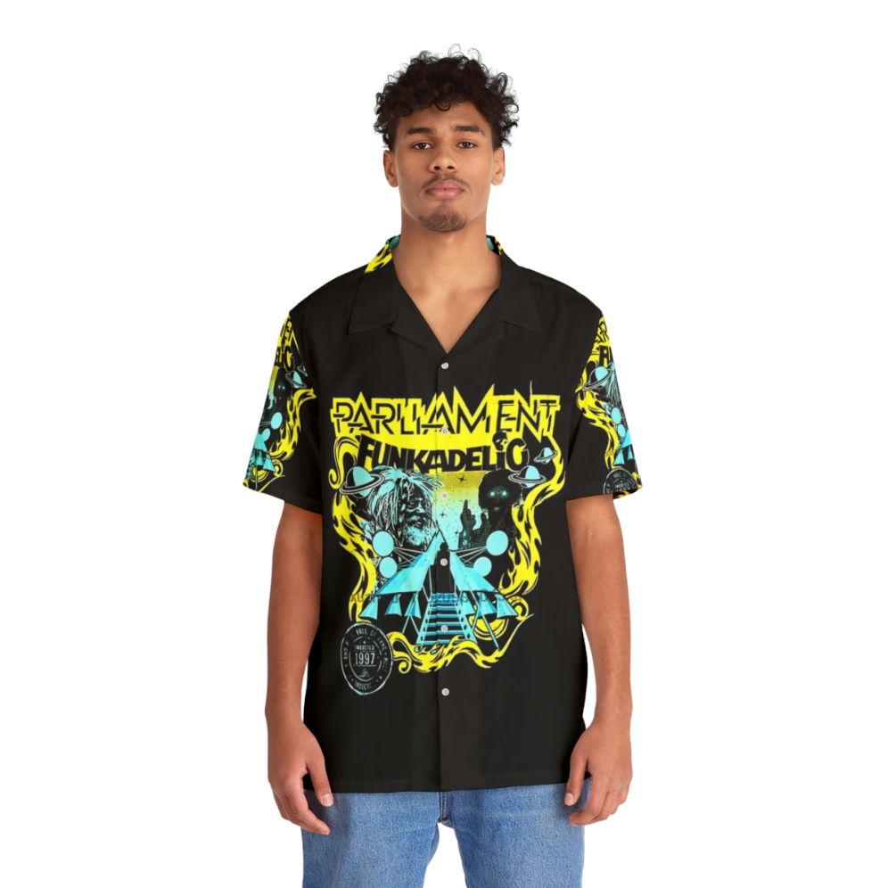 Funkadelic-inspired Hawaiian shirt with retro 70s music graphics - People Front