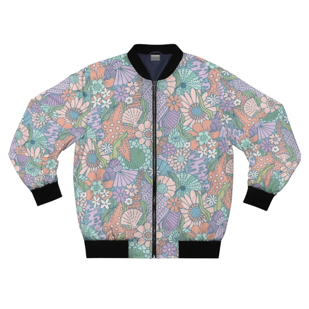 Mermaid Cove Floral Seashell Bomber Jacket with ocean-inspired design featuring shells, starfish, and whimsical floral patterns