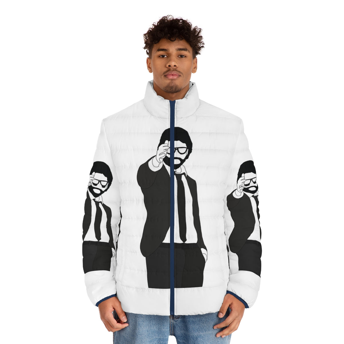 Money Heist The Professor 2 Puffer Jacket with focus keyword "money heist puffer jacket" - men front