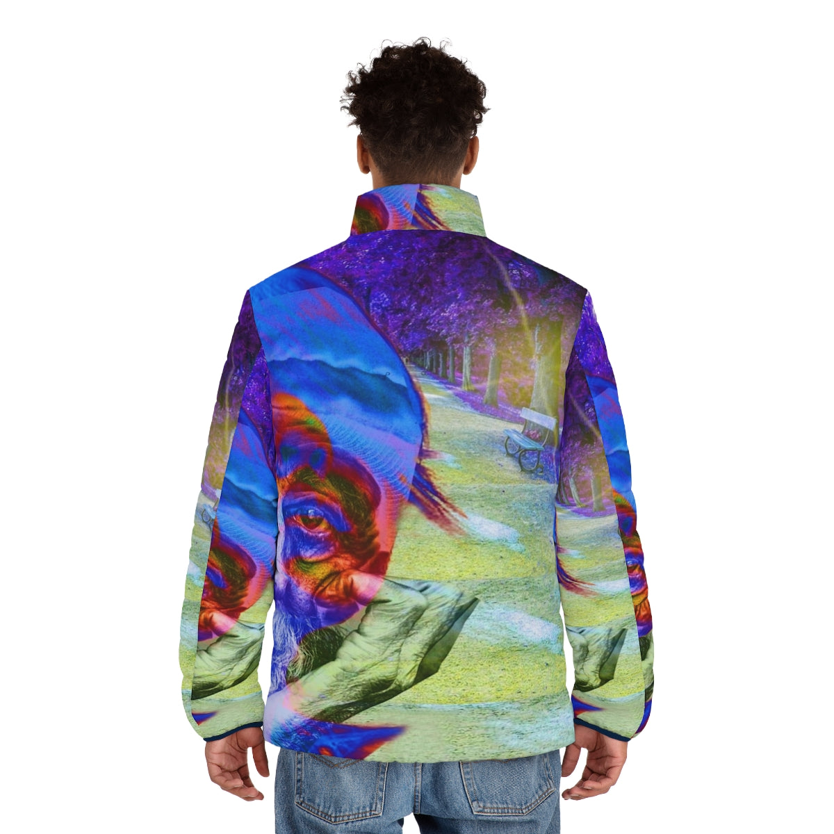 Homelessness puffer jacket with colorful and abstract patterns - men back