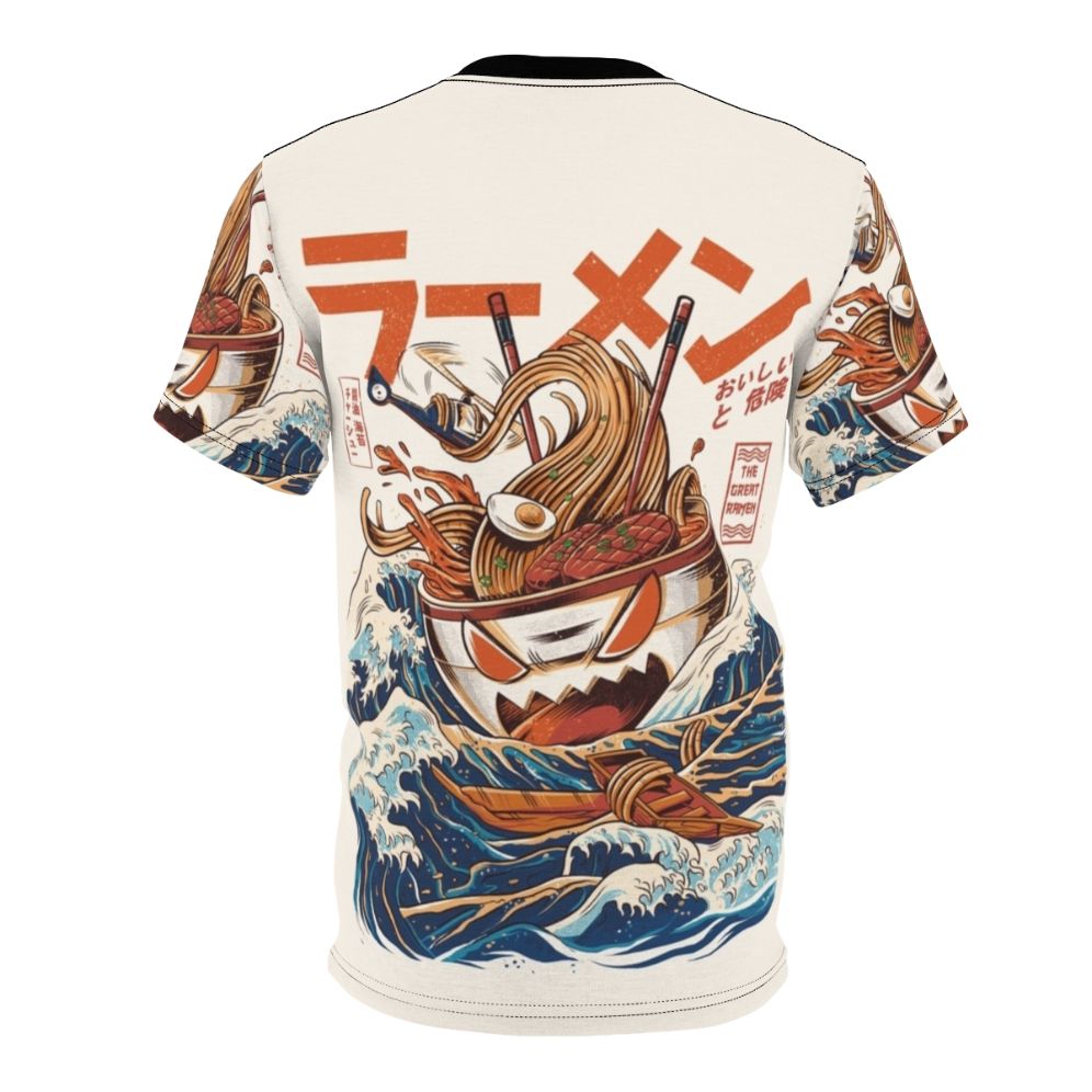 Retro-style t-shirt design featuring an angry monster ramen bowl with Japanese-inspired wave pattern - Back