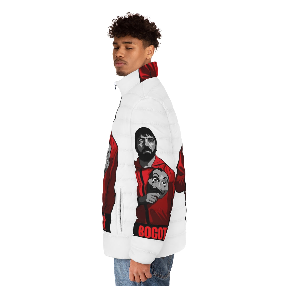 Money Heist Bogota Puffer Jacket with Fan Art Designs - men side left