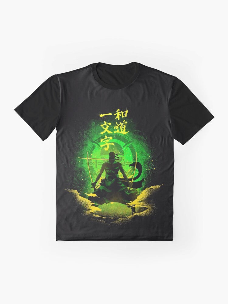 Roronoa Zoro anime character graphic design on a t-shirt - Flat lay