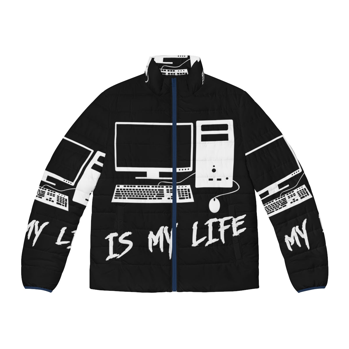 A cozy puffer jacket for computer enthusiasts, featuring a "Computer Is My Life" graphic design.