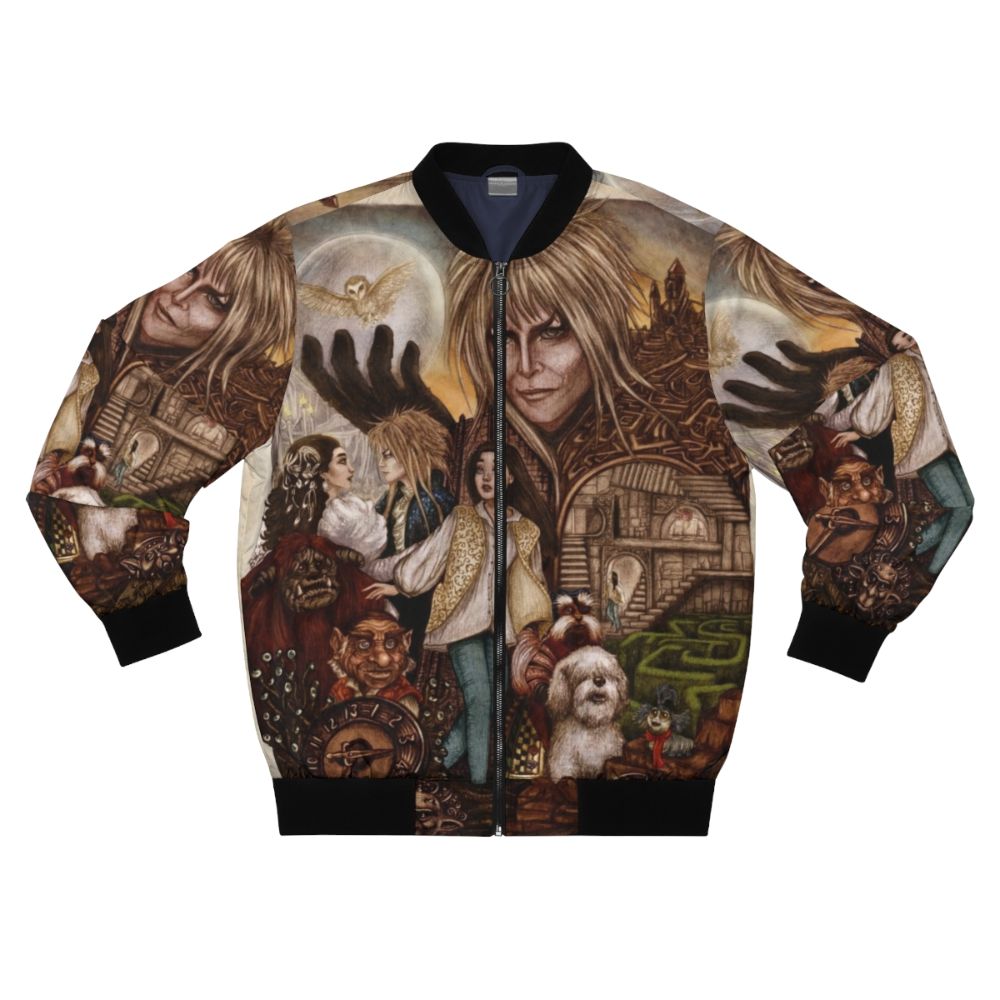 Labyrinth-inspired bomber jacket featuring fantasy elements like goblins, magic, and the enchanted realm