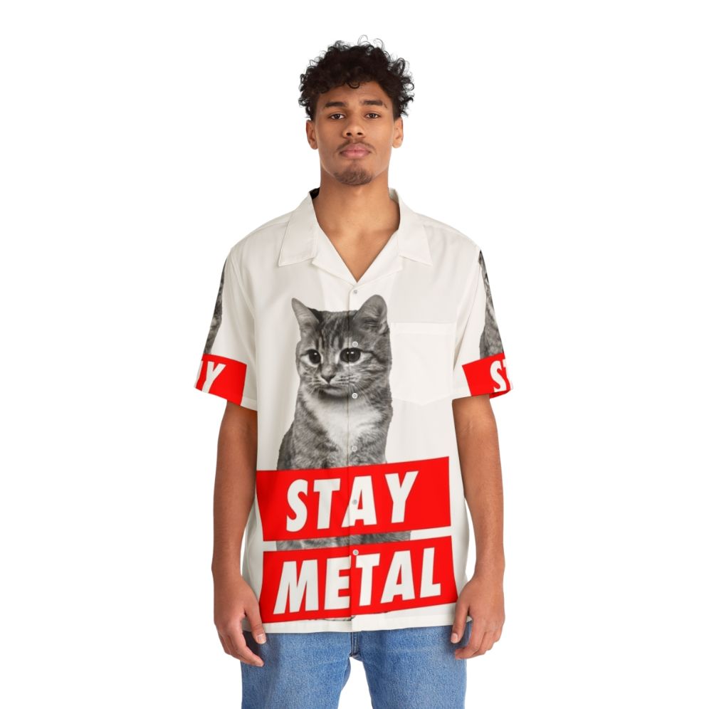 Stay Metal Hawaiian Shirt with Nicolas Cage Cat Meme Print - People Front