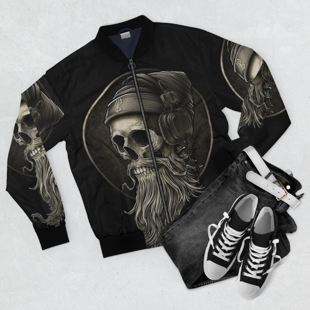 Vintage bomber jacket with bearded skull and headphone design, perfect for heavy metal fans and bikers. - Flat lay