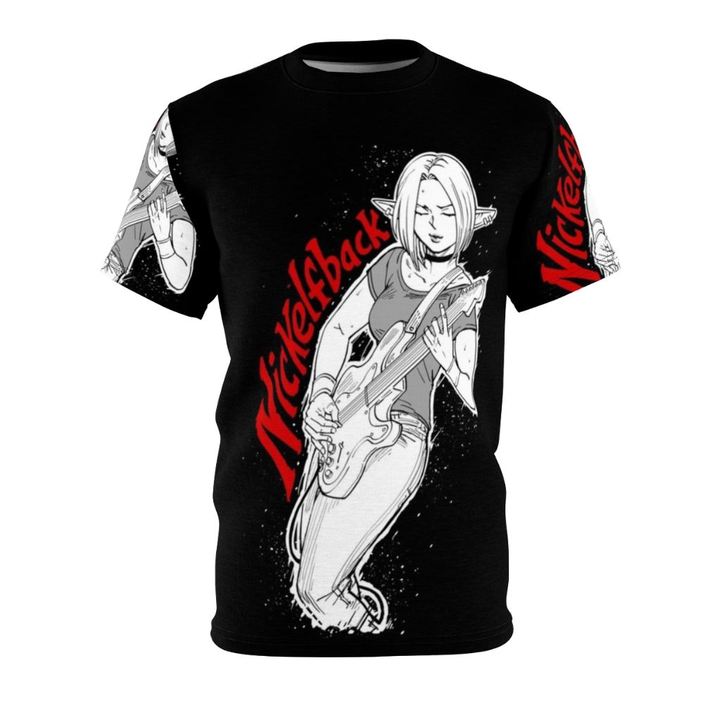 Magical elf rock band graphic t-shirt featuring a fantasy music parody design