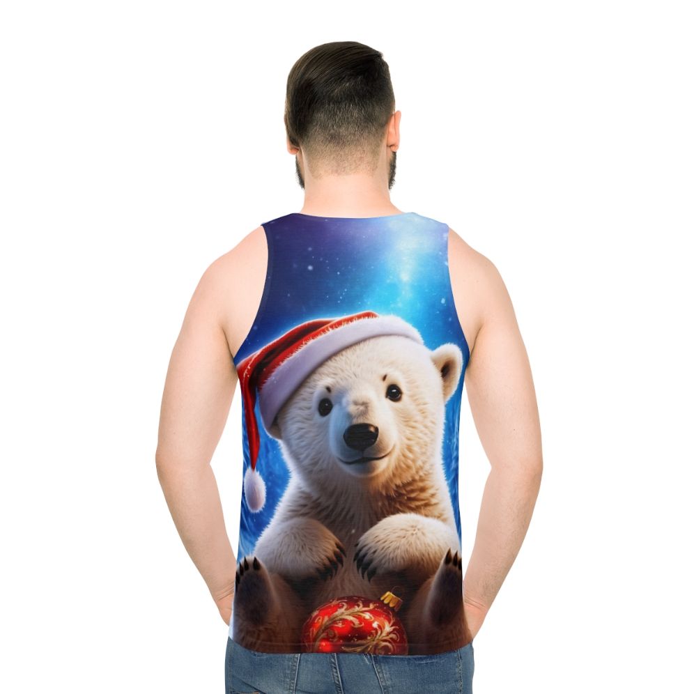 Polar bear cub in a winter wonderland with Christmas ornaments - men back