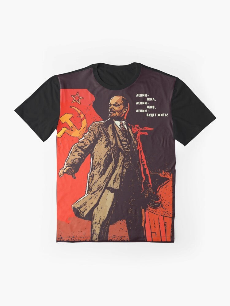 A graphic t-shirt design featuring the iconic image of Vladimir Lenin, the leader of the Bolshevik Revolution and founder of the Soviet Union. - Flat lay