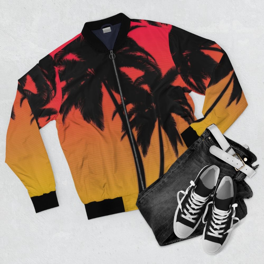 Retro synthwave-inspired bomber jacket with a vibrant Miami sunset design - Flat lay