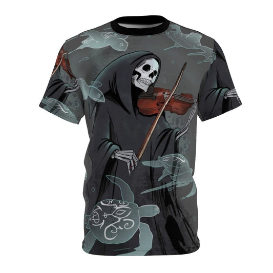 A t-shirt design featuring a dark, moody illustration of a violin and grim reaper with sea turtles.