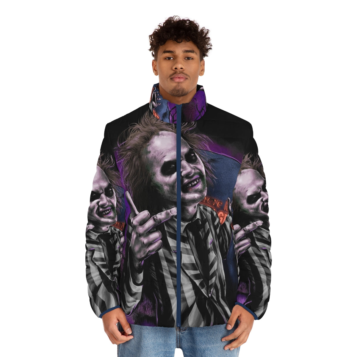 Beetlejuice-themed puffer jacket with a dark, gothic aesthetic - men front