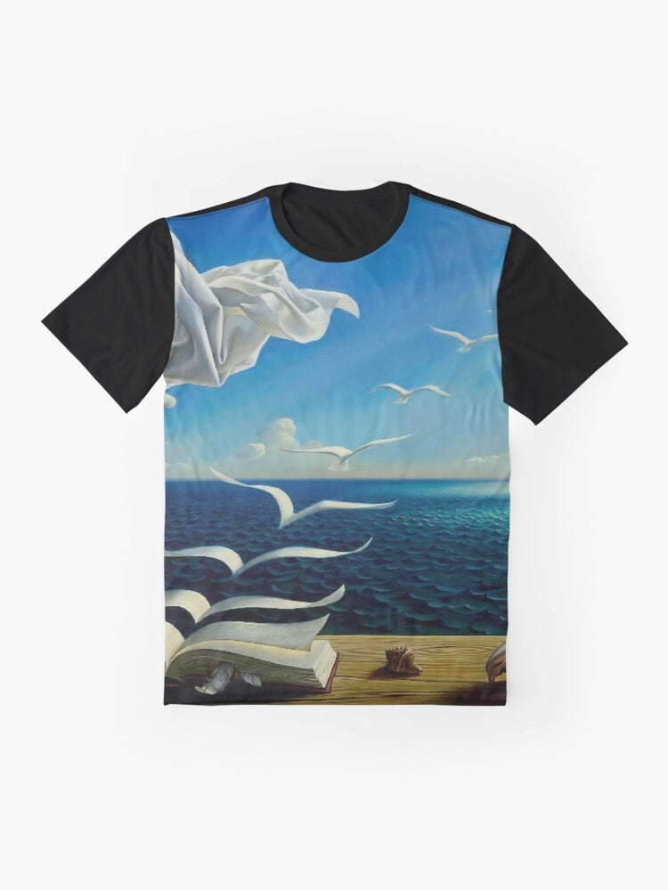 Vintage fantasy surreal print with birds, boats, and sun on a graphic t-shirt - Flat lay