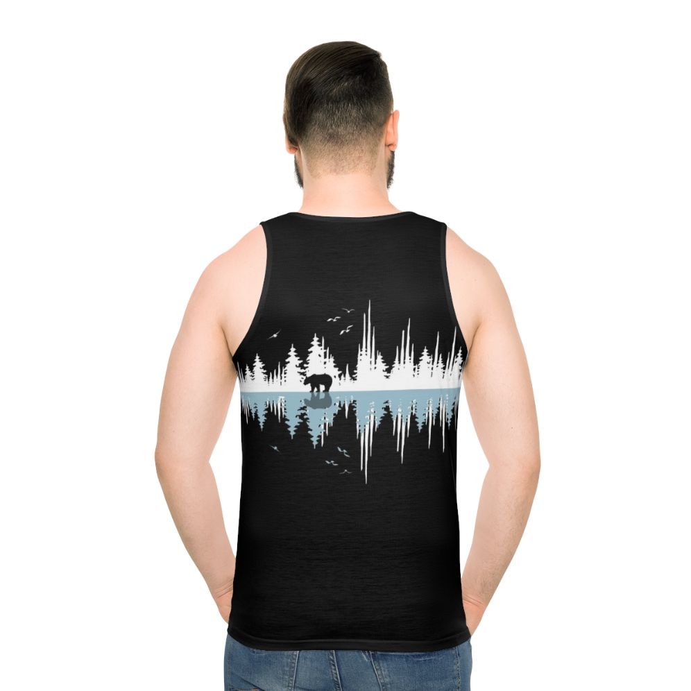 Minimalist nature music sound wave design on a unisex tank top - men back