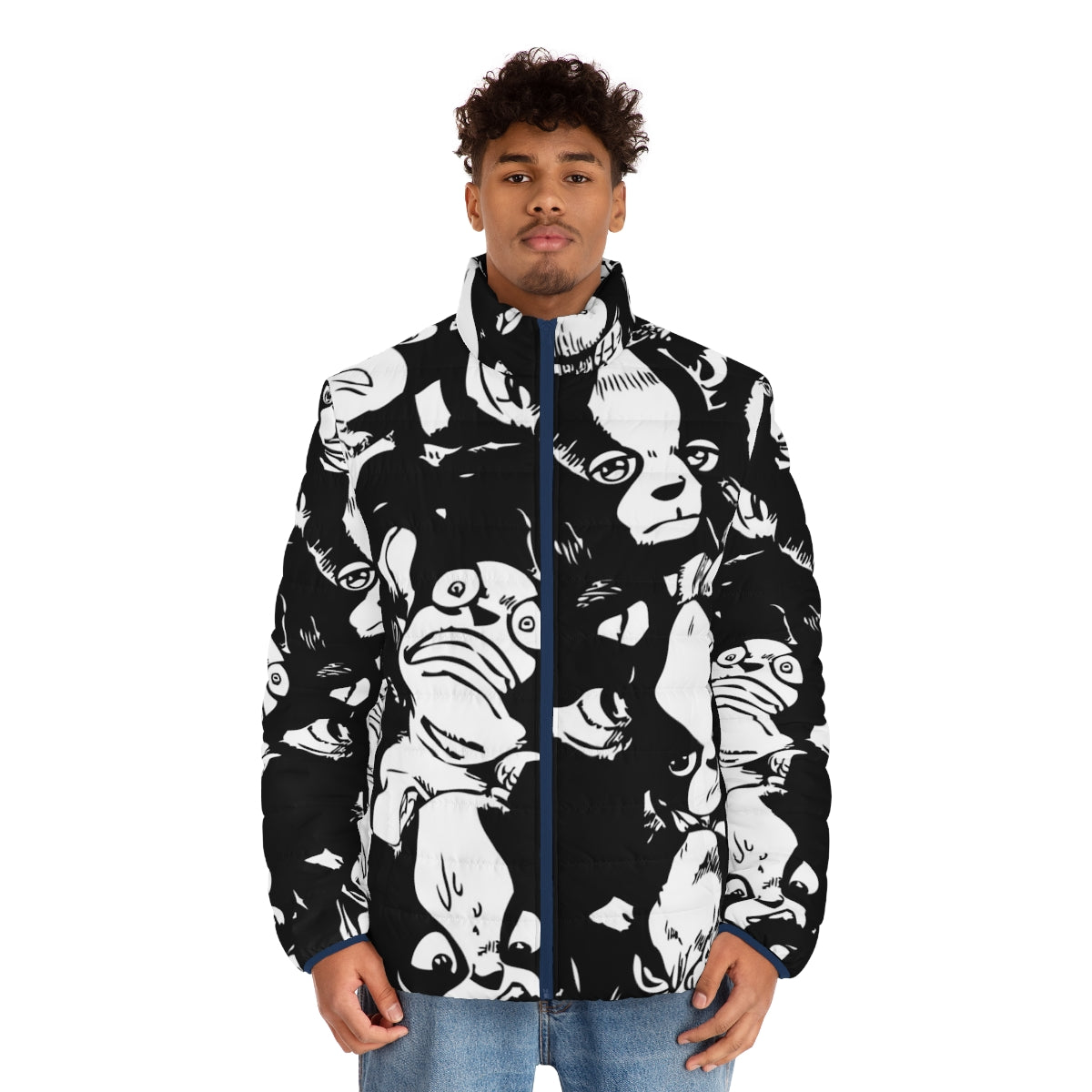 Iggy puffer jacket with JoJo's Bizarre Adventure anime design - men front