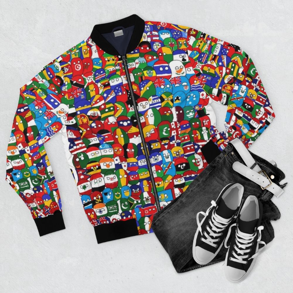 Polandball bomber jacket featuring a globe and national flags design - Flat lay