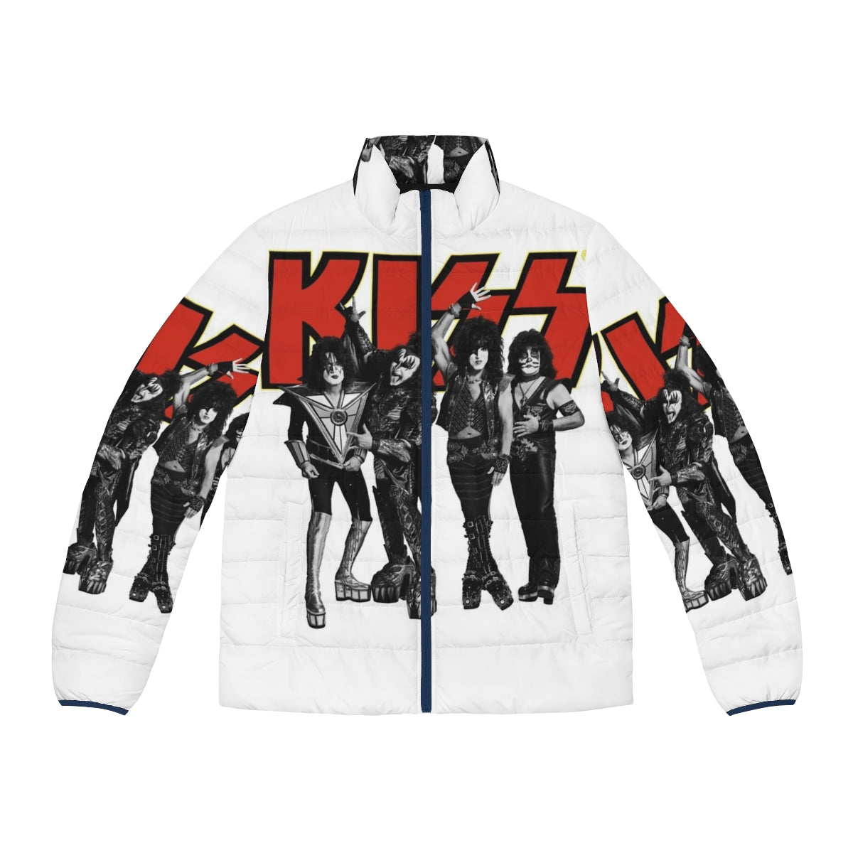 Vintage KISS band logo puffer jacket in red and yellow