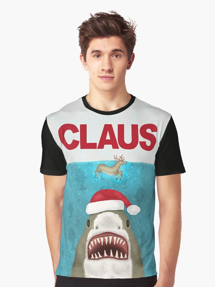 A funny graphic t-shirt featuring a Santa Claus shark with reindeer horns, a humorous Christmas and holiday design. - Men