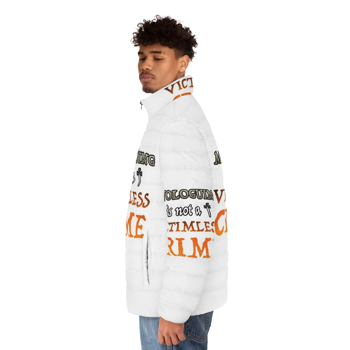 Puffer jacket with "Monologuing Is Not A Victimless Crime" design, featuring a focus on Shakespeare's tragedies and villain monologuing. - men side left