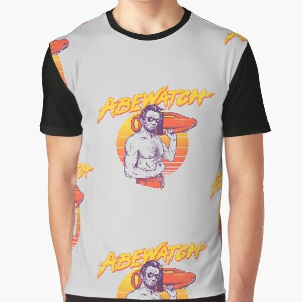 Vintage-style graphic t-shirt with an image of Abraham Lincoln wearing a lifeguard outfit