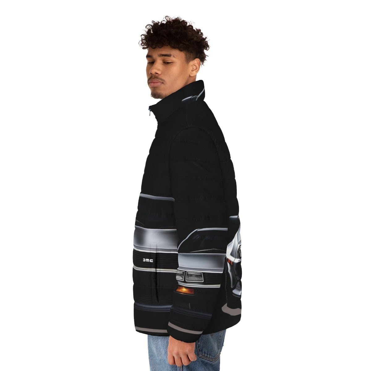 Delorean inspired puffer jacket with high-quality design and retro futuristic style - men side left