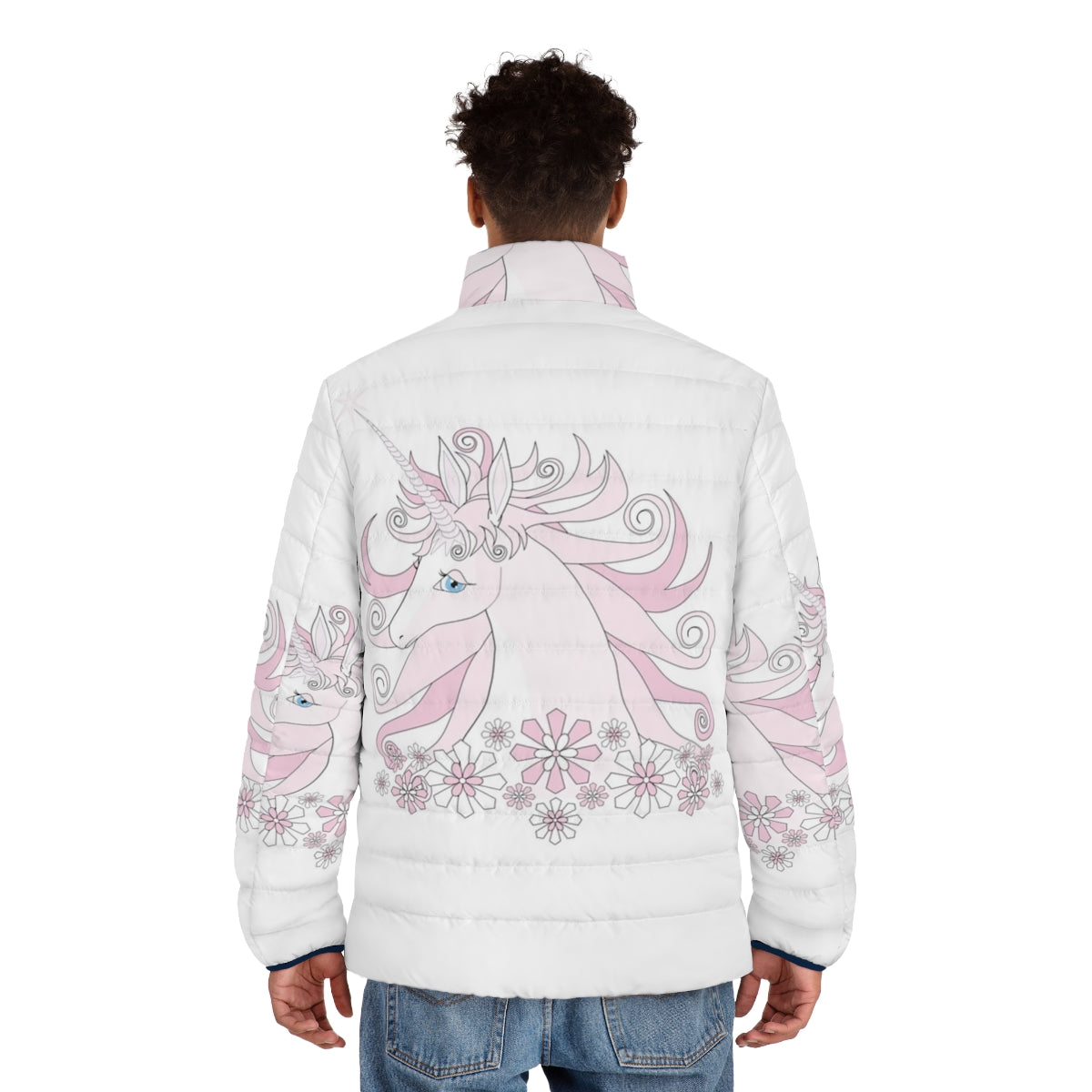 The Last Unicorn puffer jacket with a beautiful pink unicorn design - men back